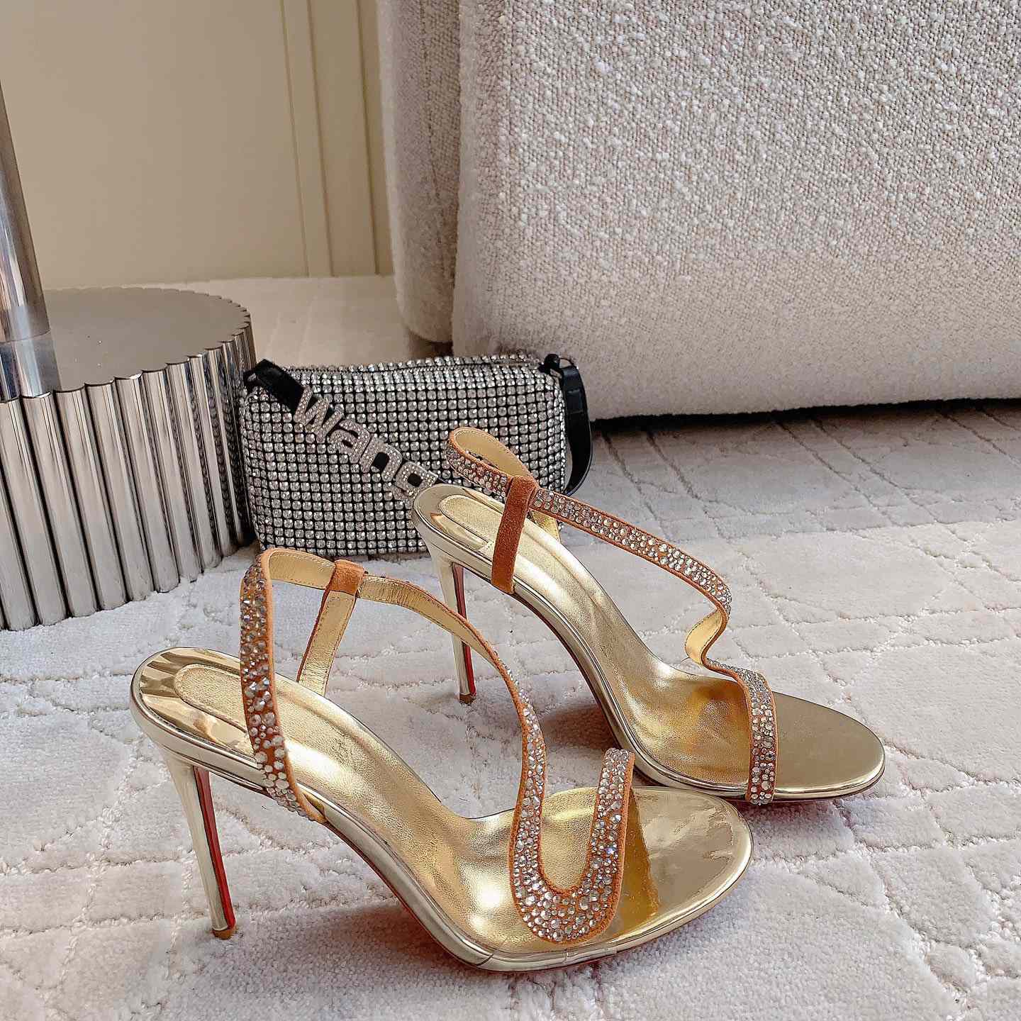 Christian Louboutin Gold Suede Crystal Embellished Rosalie Sandals - DesignerGu