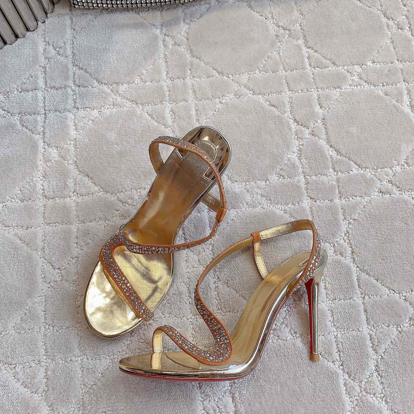 Christian Louboutin Gold Suede Crystal Embellished Rosalie Sandals - DesignerGu