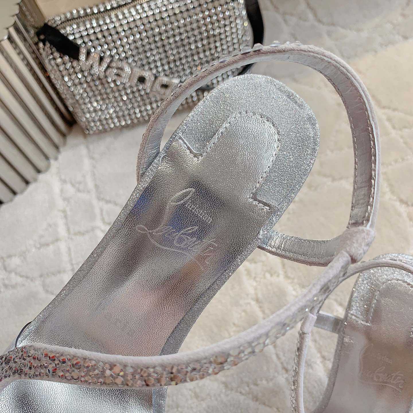 Christian Louboutin Silvery Suede Crystal Embellished Rosalie Sandals - DesignerGu