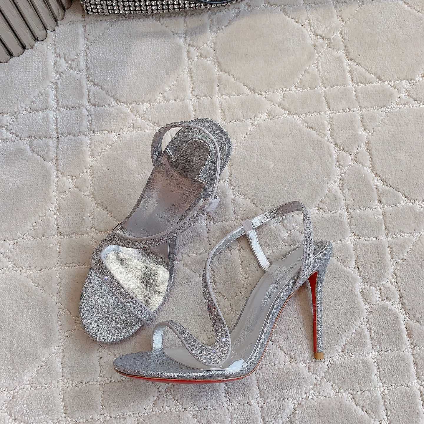 Christian Louboutin Silvery Suede Crystal Embellished Rosalie Sandals - DesignerGu