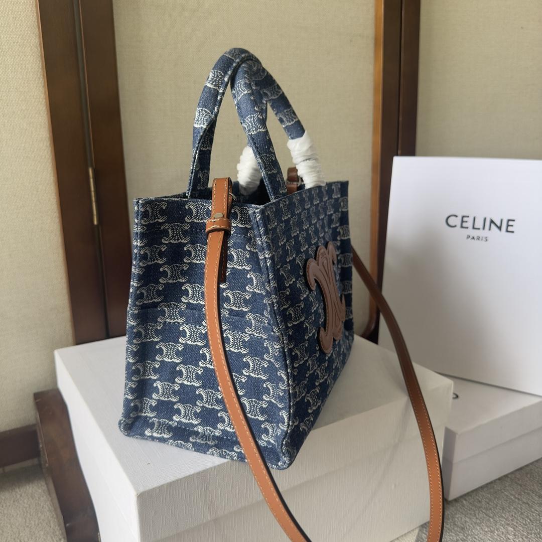 Celine Small Cabas Thais In Denim With Triomphe All-over And Calfskin Denim / Silver - DesignerGu