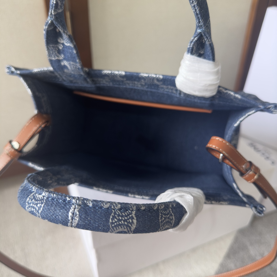 Celine Small Cabas Thais In Denim With Triomphe All-over And Calfskin Denim / Silver - DesignerGu