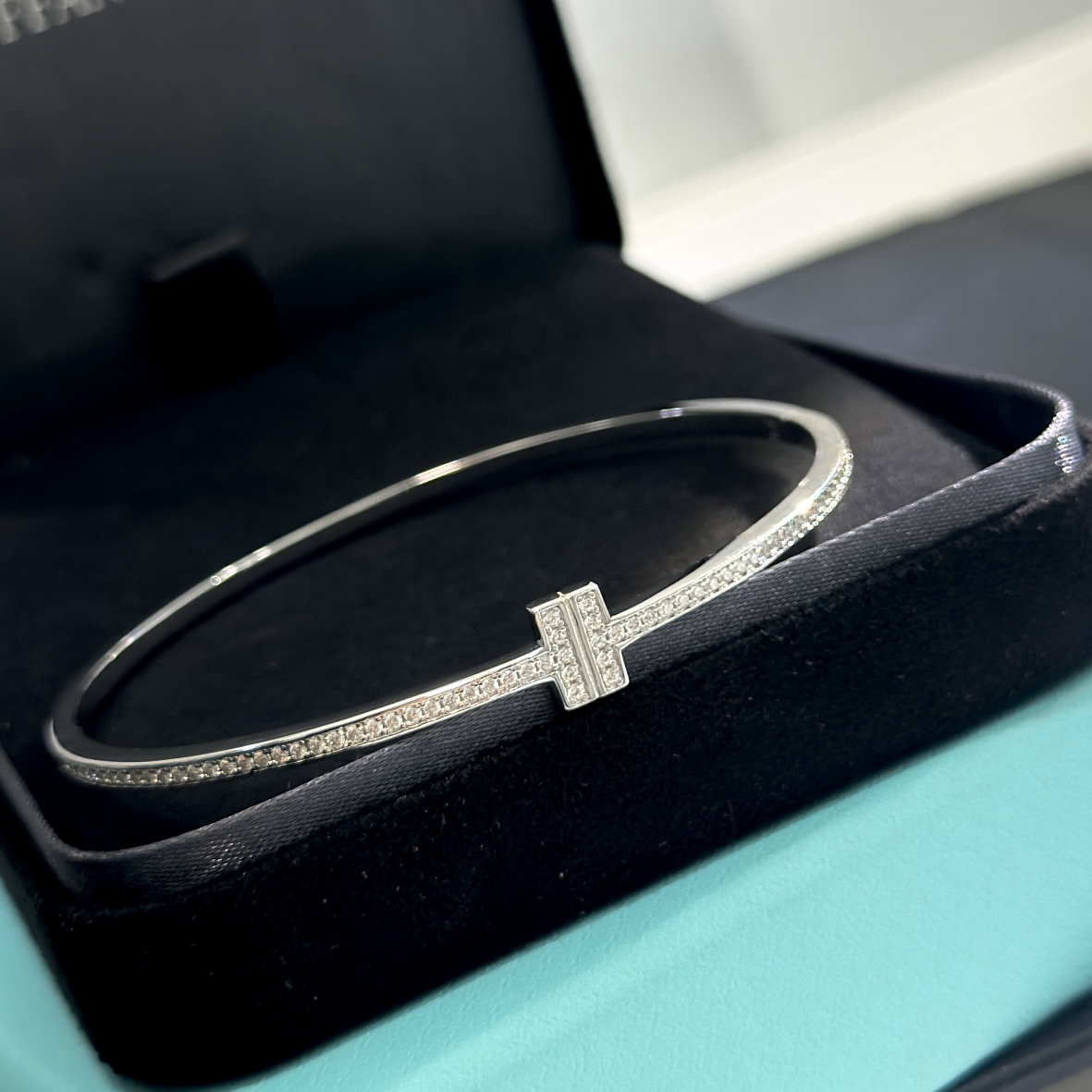 Tiffany & Co. 18K White Gold T Hinged Wire Bangle Bracelet - DesignerGu
