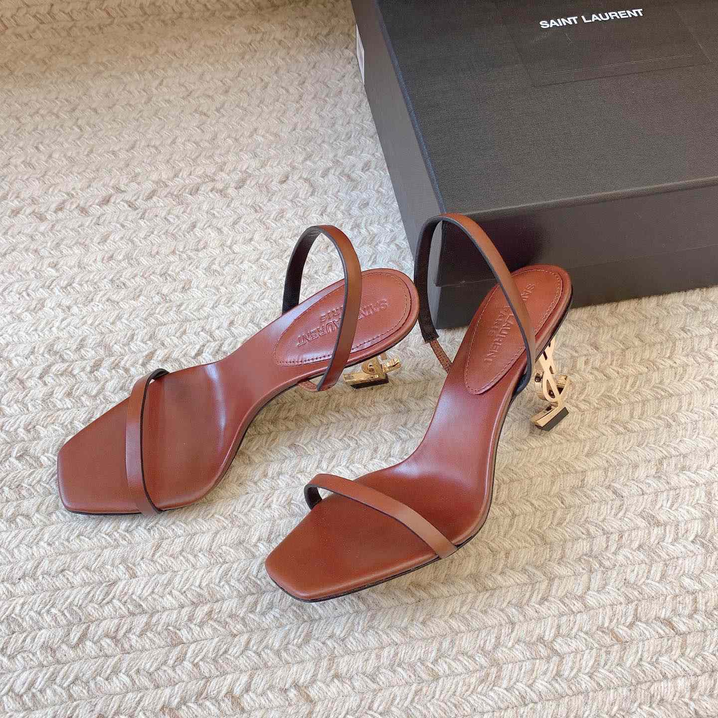 Saint Laurent Women's Brown Opyum 85 Leather Slingback Sandals - DesignerGu