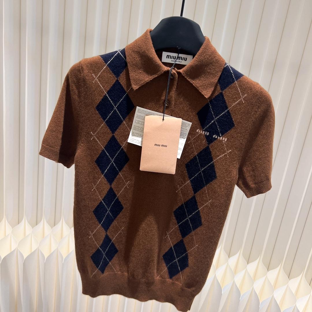 Miu Miu Tobacco Cashmere Knit Polo Shirt - DesignerGu