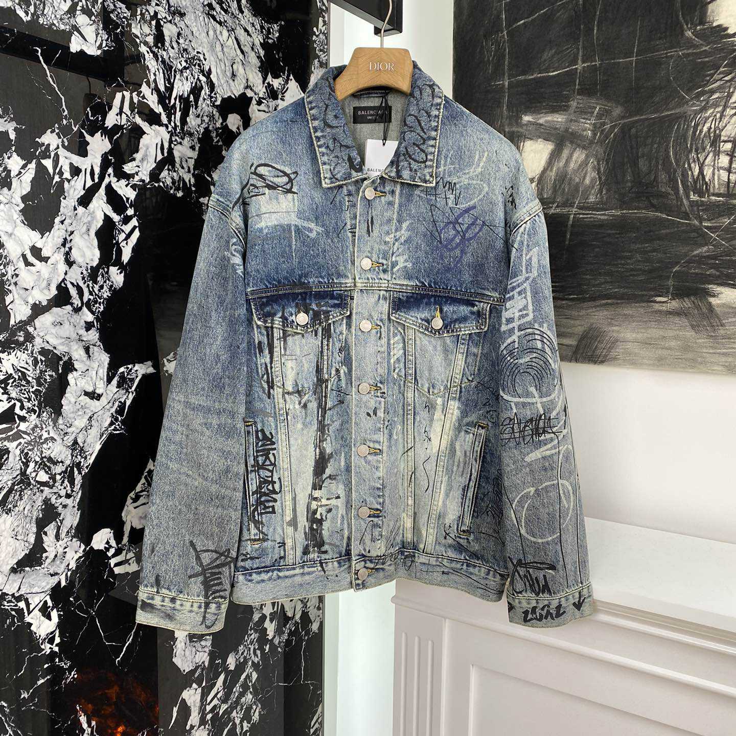 Balenciaga Blue Graffiti Denim Jacket Coat - DesignerGu