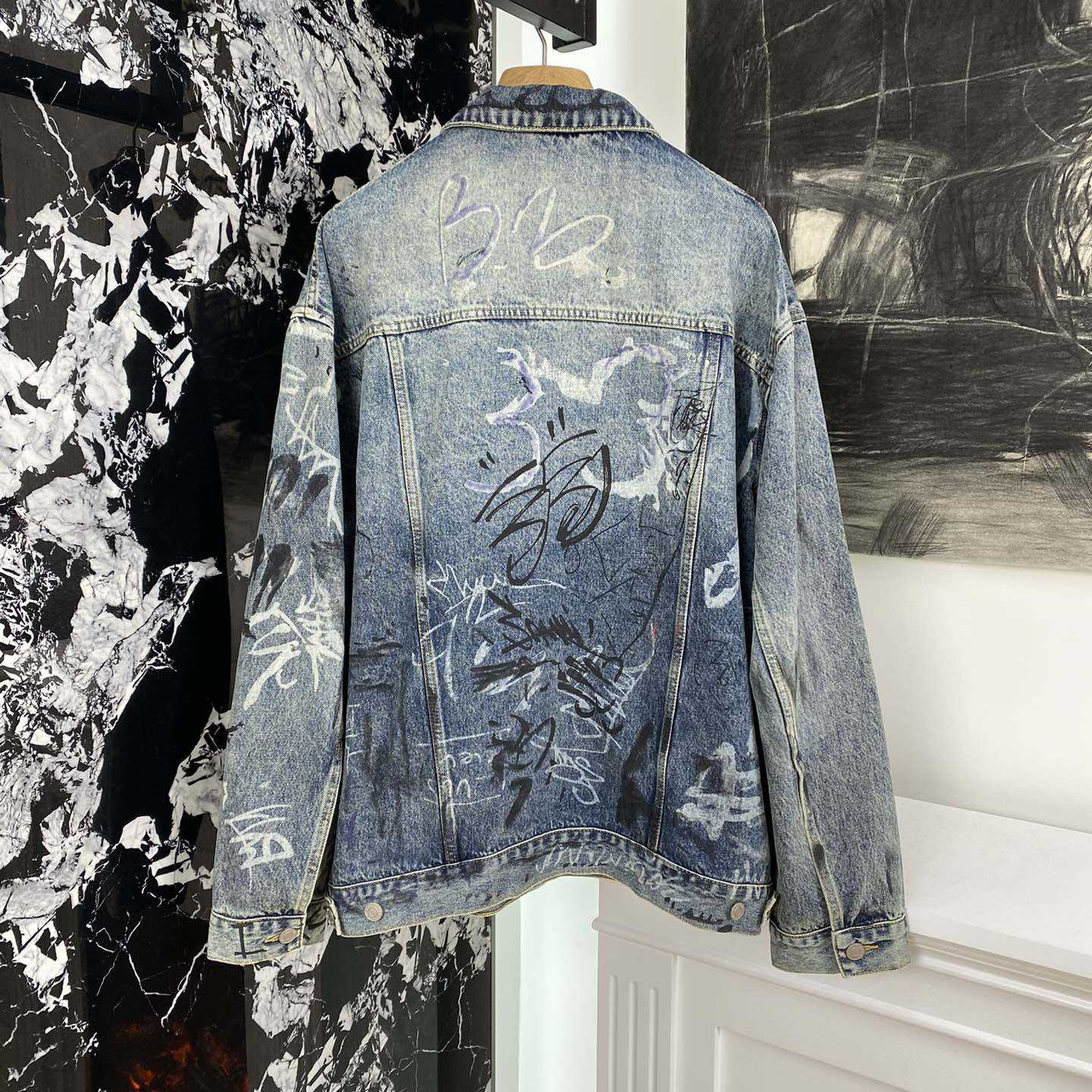 Balenciaga Blue Graffiti Denim Jacket Coat - DesignerGu