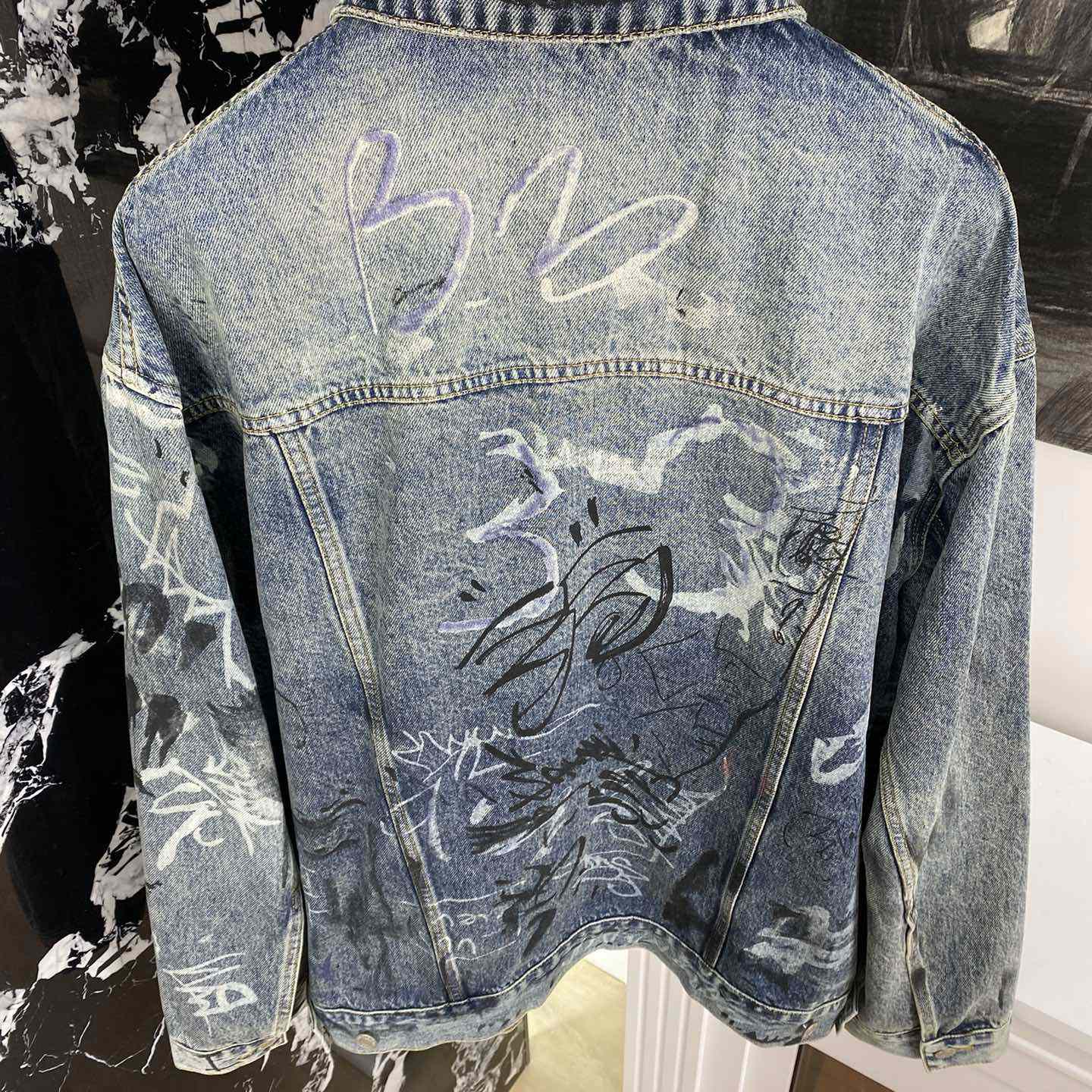 Balenciaga Blue Graffiti Denim Jacket Coat - DesignerGu