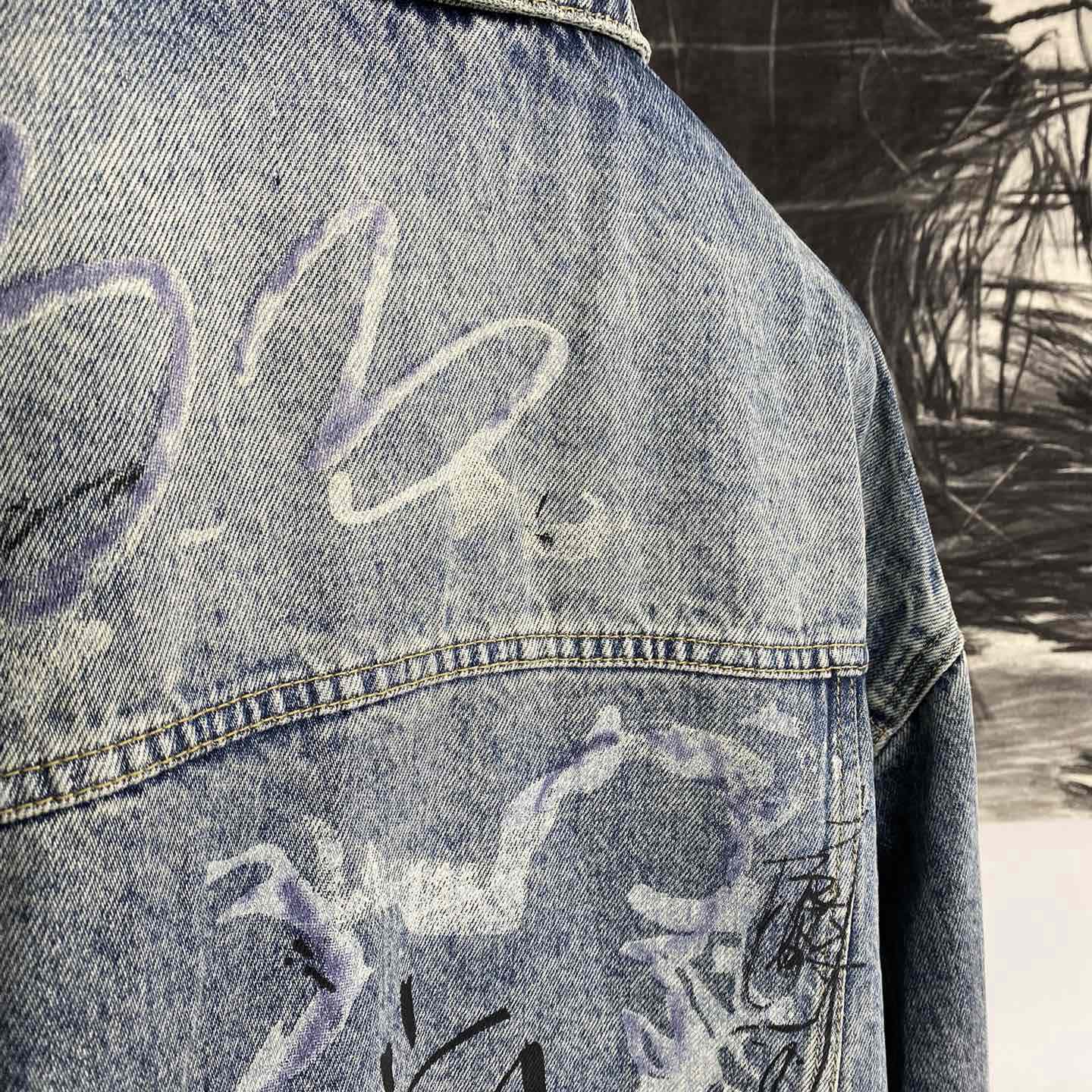 Balenciaga Blue Graffiti Denim Jacket Coat - DesignerGu