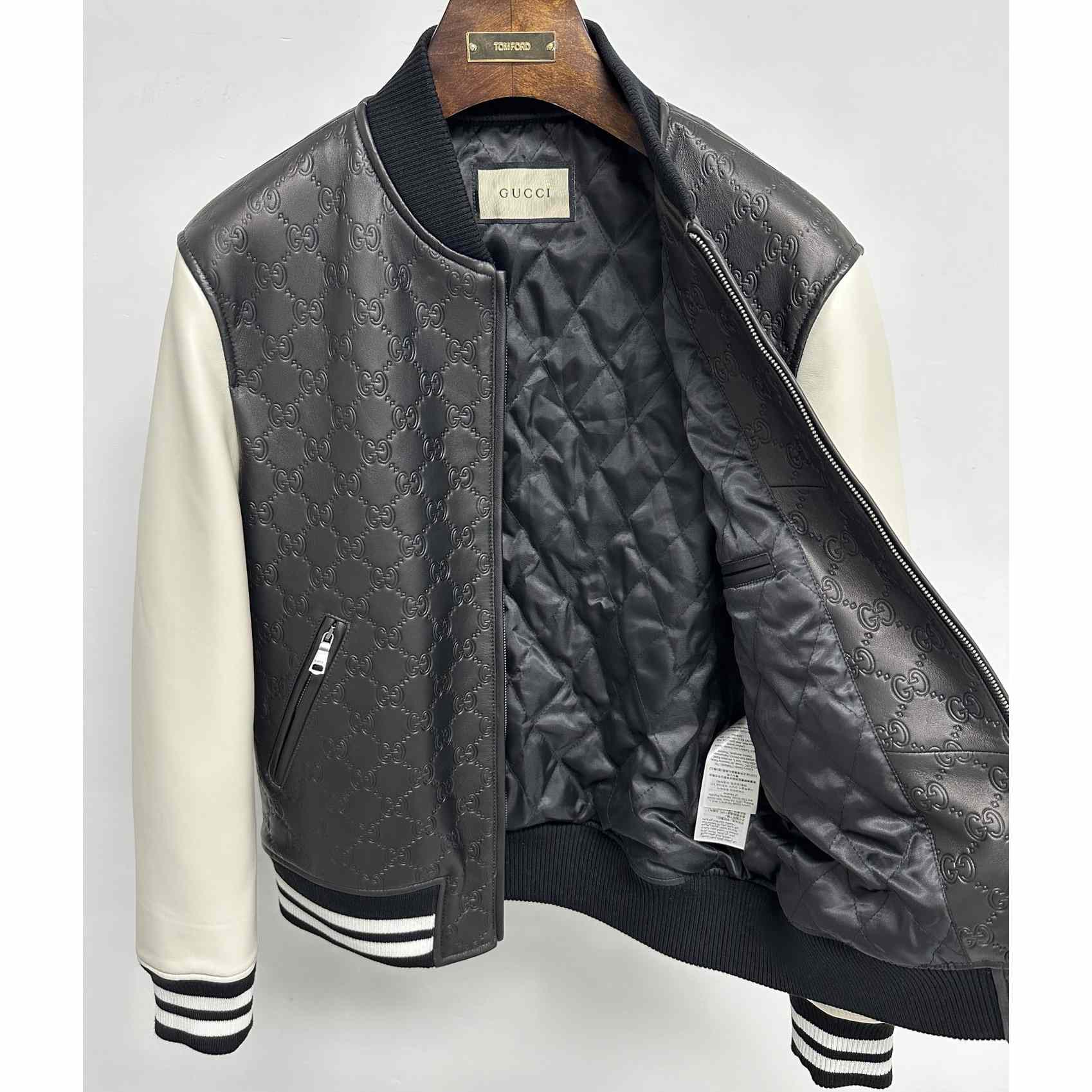 Gucci Embossed GG Leather Bomber Jacket  - DesignerGu