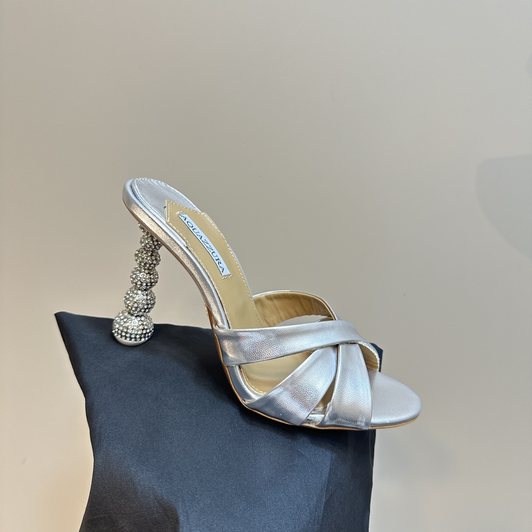 Aquazzura Silver 105mm Yes Baby Satin Mules - DesignerGu