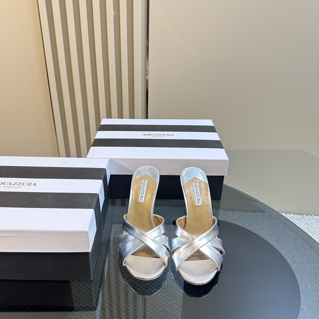 Aquazzura Silver 105mm Yes Baby Satin Mules - DesignerGu