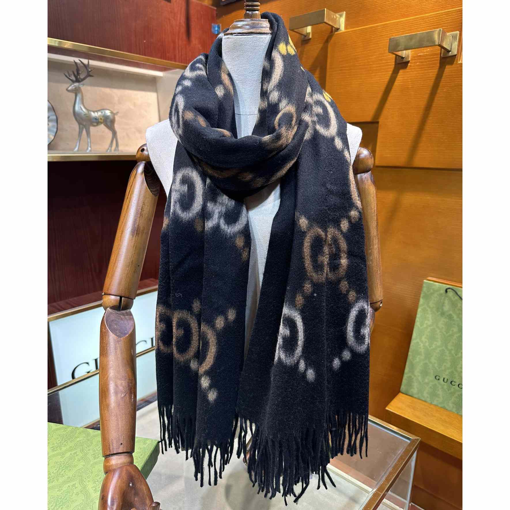 Gucci GG Jacquard Wool Silk Scarf - DesignerGu