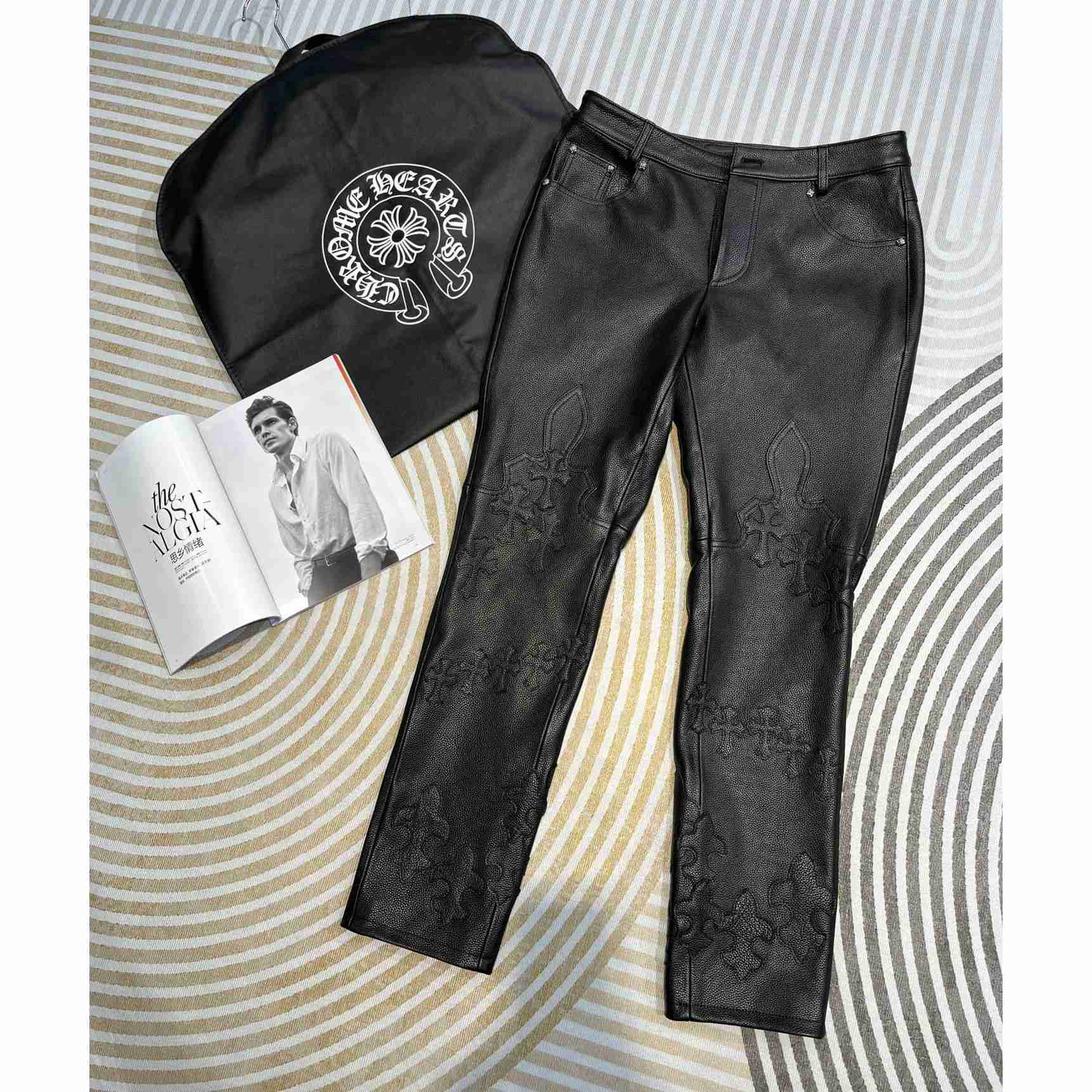 Chrome Heart Cross Patch Leather Pants - DesignerGu