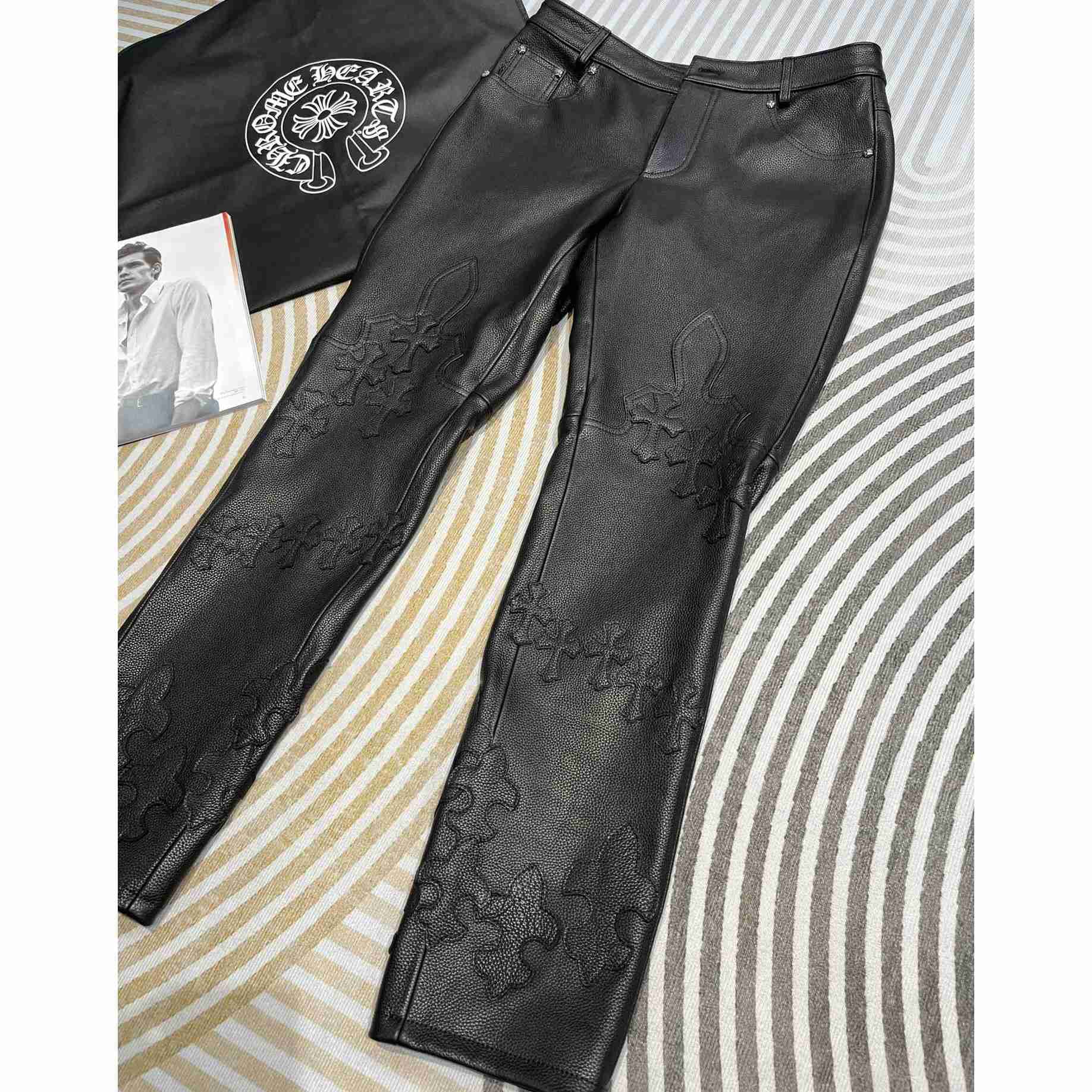 Chrome Heart Cross Patch Leather Pants - DesignerGu