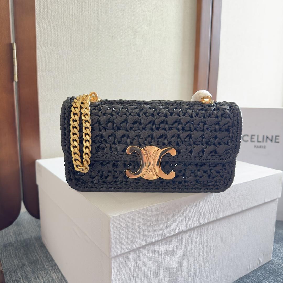 Celine Chain Shoulder Bag Claude In Raffia Effect Textile - DesignerGu