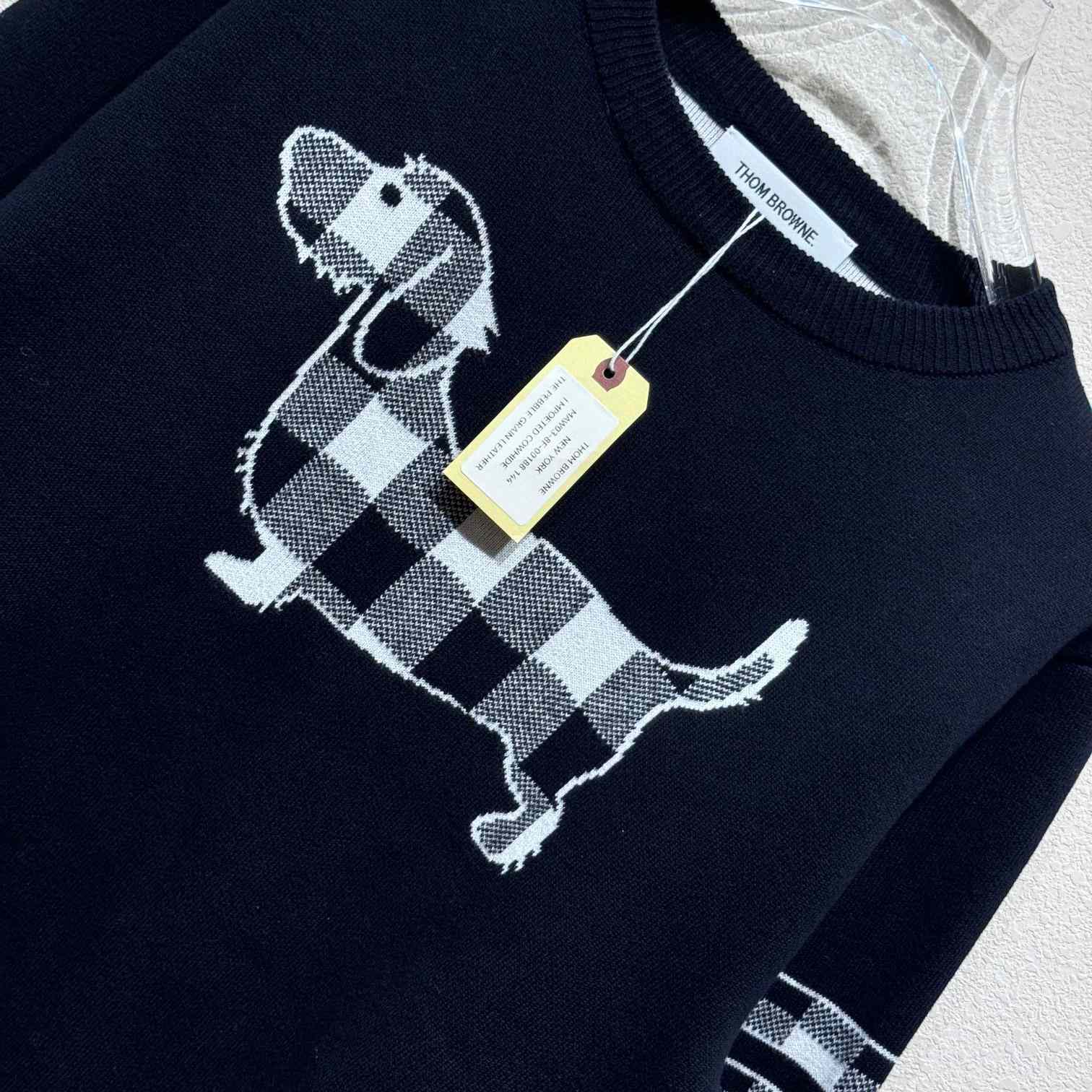 Thom Browne Cotton Crepe Buffalo Check Jacquard Hector Icon Crewneck 4-bar Pullover - DesignerGu