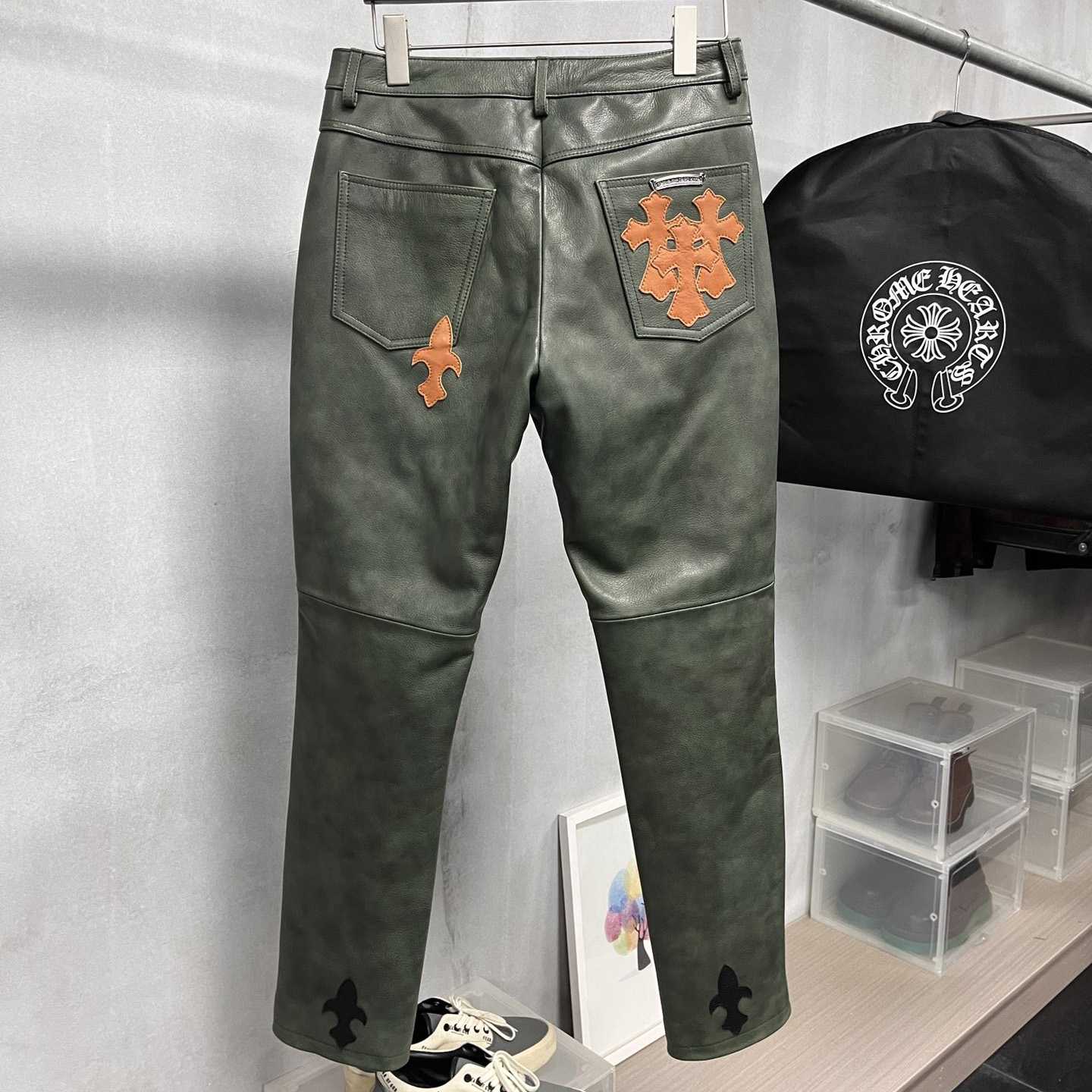 Chrome Heart Leather Cross Jeans - DesignerGu