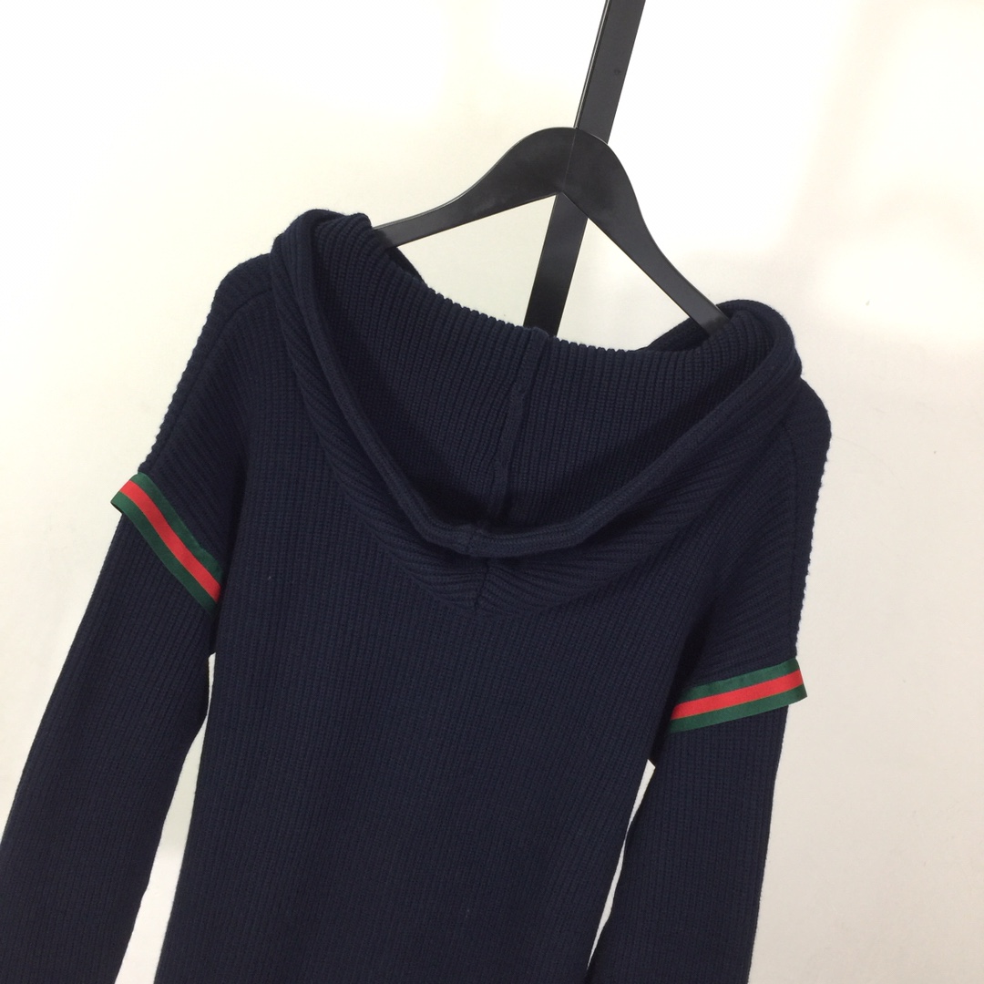 Gucci Web-stripe Ribbed Hoodie In Blue - DesignerGu