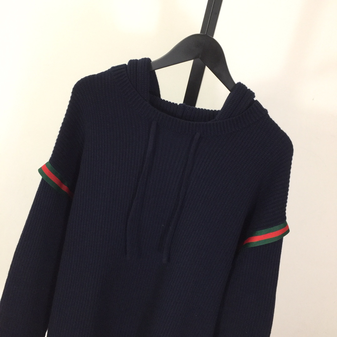 Gucci Web-stripe Ribbed Hoodie In Blue - DesignerGu