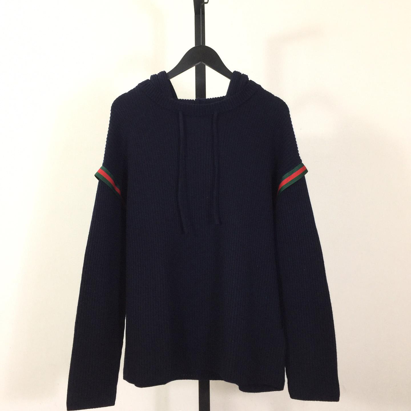 Gucci Web-stripe Ribbed Hoodie In Blue - DesignerGu