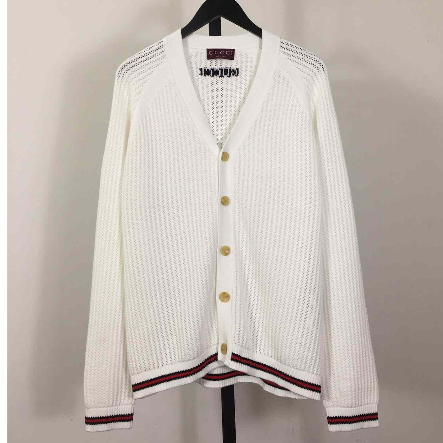 Gucci Ajour Cotton Knit Cardigan With Web - DesignerGu