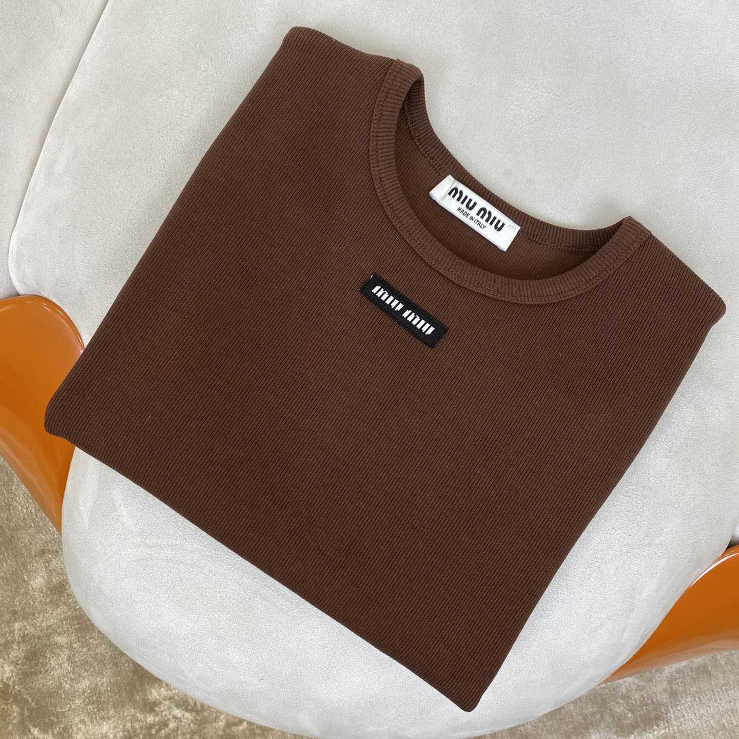 Miu Miu Brown Ribbed Cropped T-Shirt - DesignerGu