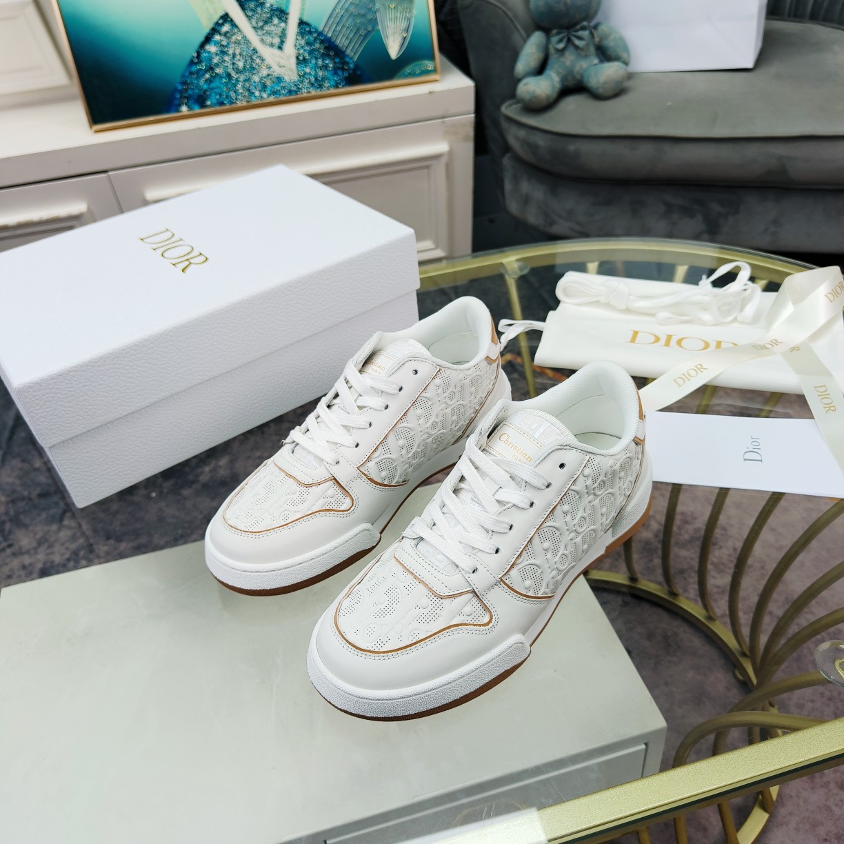 Dior One White and Nude Dior Oblique Perforated Calfskin Sneaker  - DesignerGu