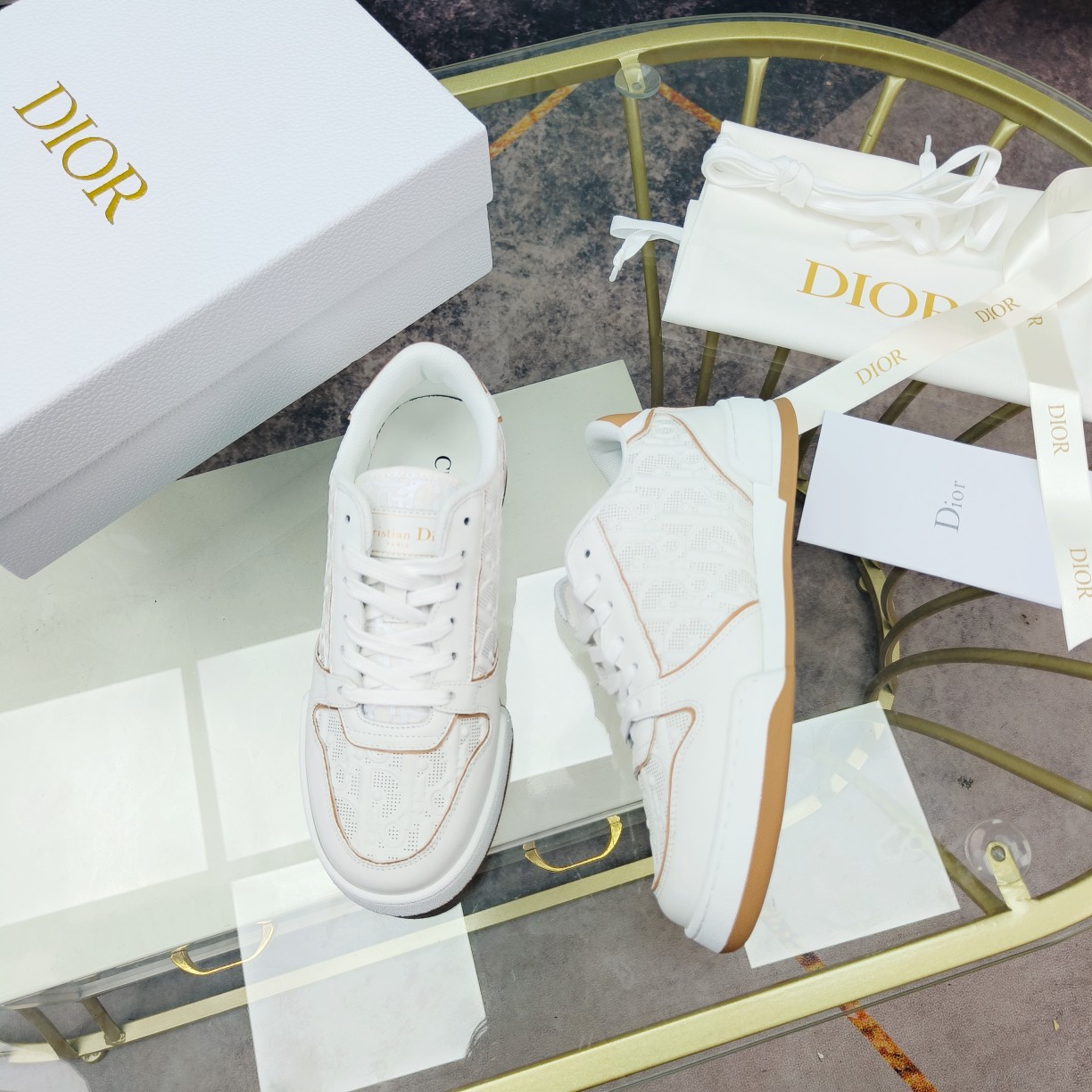 Dior One White and Nude Dior Oblique Perforated Calfskin Sneaker  - DesignerGu