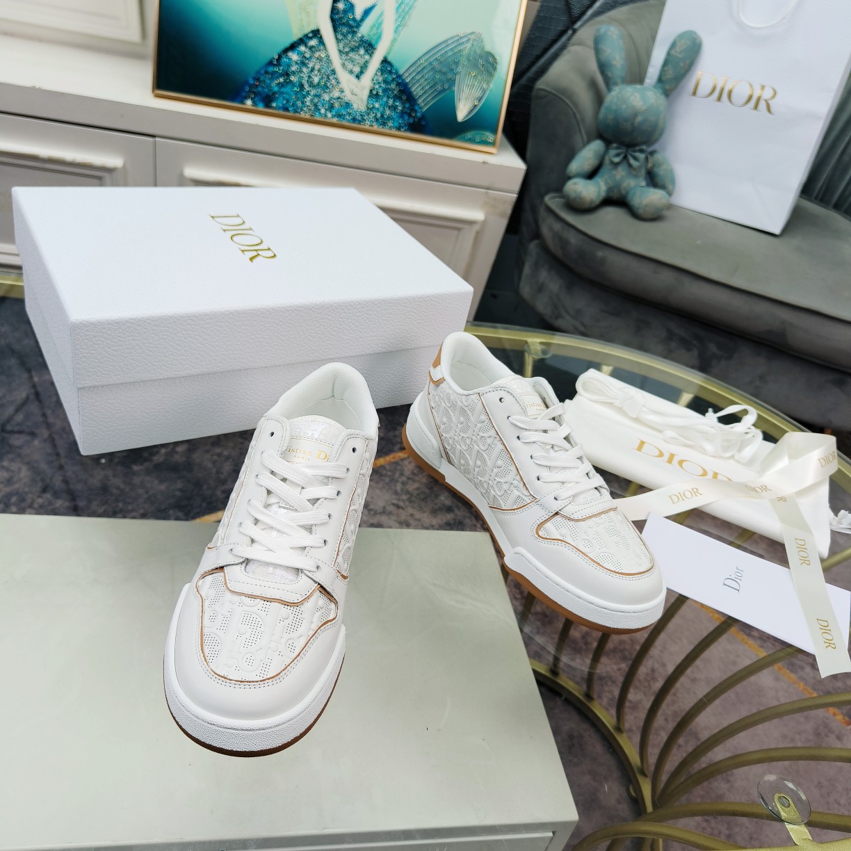 Dior One White and Nude Dior Oblique Perforated Calfskin Sneaker  - DesignerGu