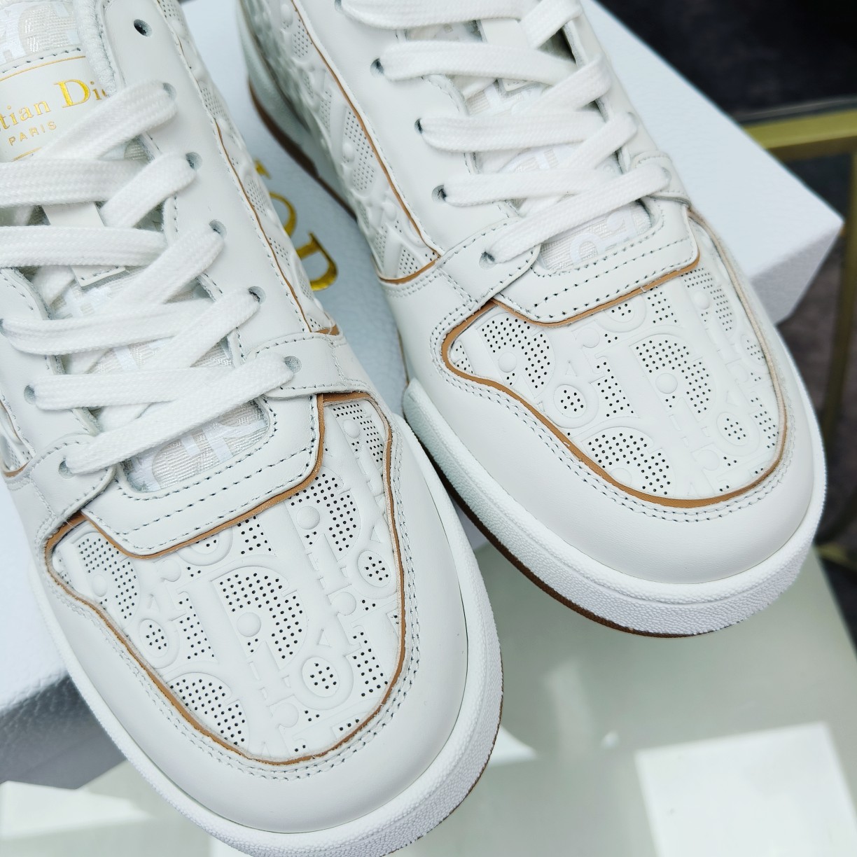 Dior One White and Nude Dior Oblique Perforated Calfskin Sneaker  - DesignerGu