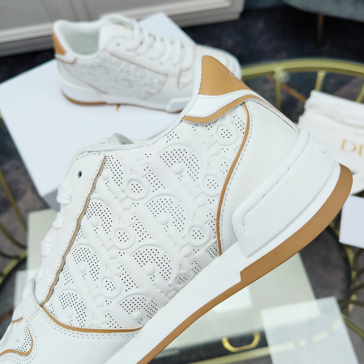 Dior One White and Nude Dior Oblique Perforated Calfskin Sneaker  - DesignerGu