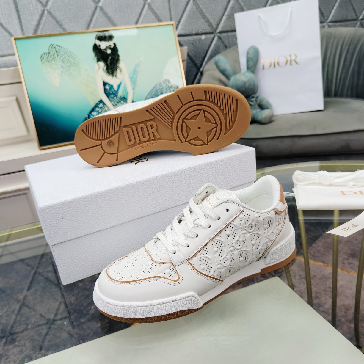 Dior One White and Nude Dior Oblique Perforated Calfskin Sneaker  - DesignerGu