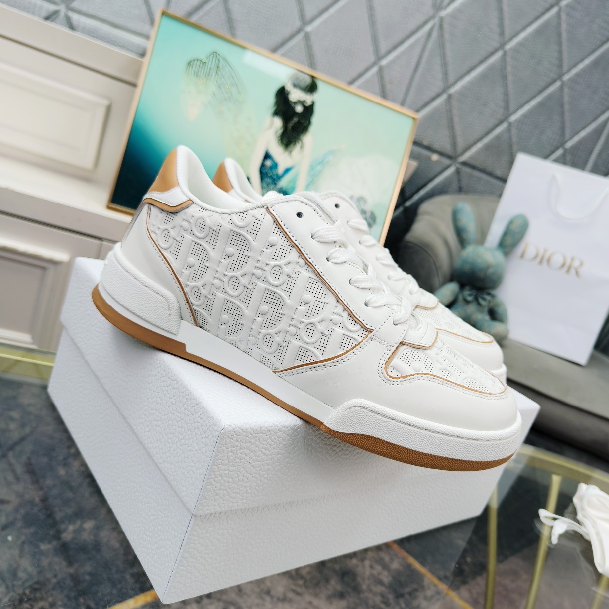 Dior One White and Nude Dior Oblique Perforated Calfskin Sneaker  - DesignerGu