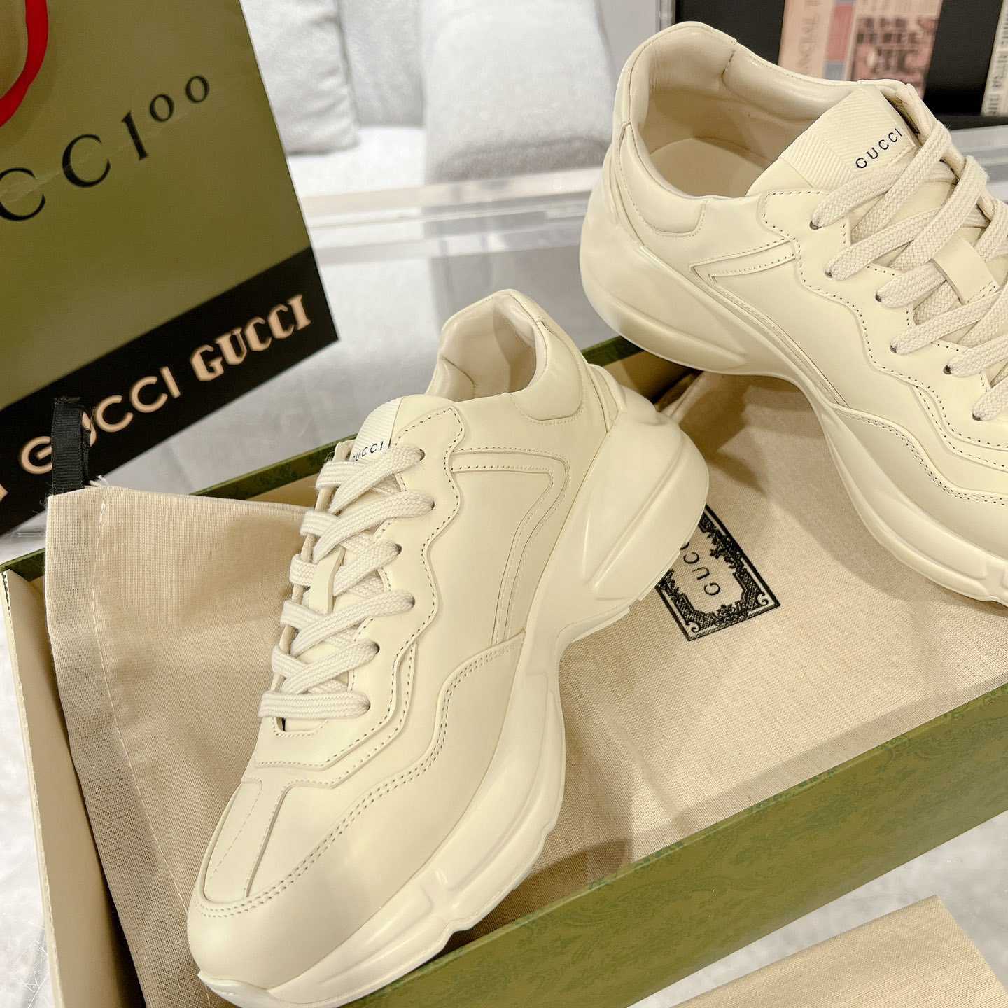 Gucci Rhyton Logo Ivory Leather Sneaker - DesignerGu