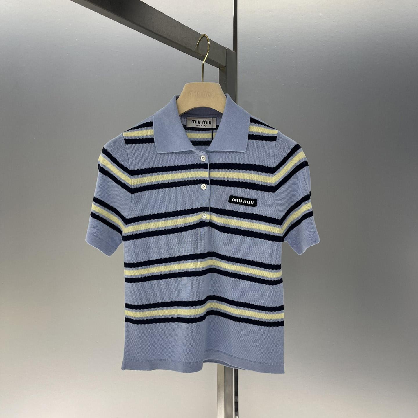 Miu Miu Striped Knitted Cotton Polo Shirt - DesignerGu