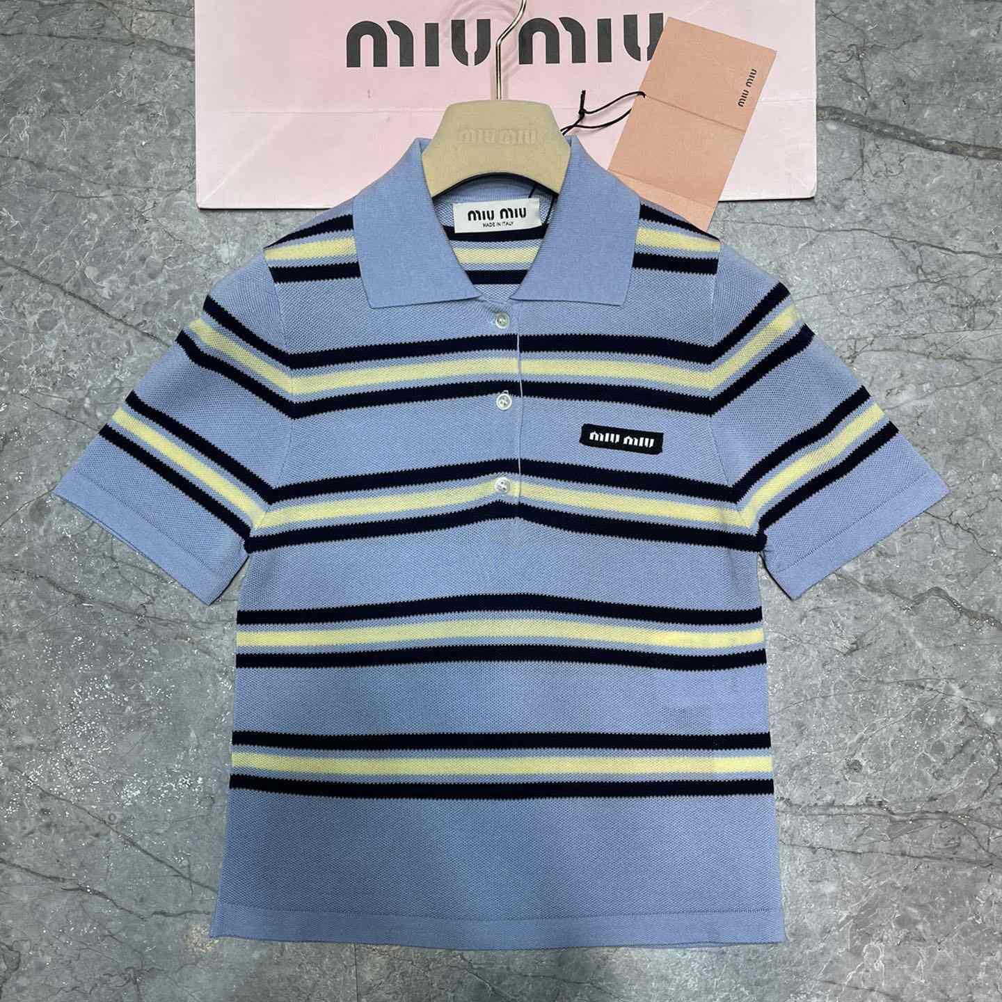 Miu Miu Striped Knitted Cotton Polo Shirt - DesignerGu