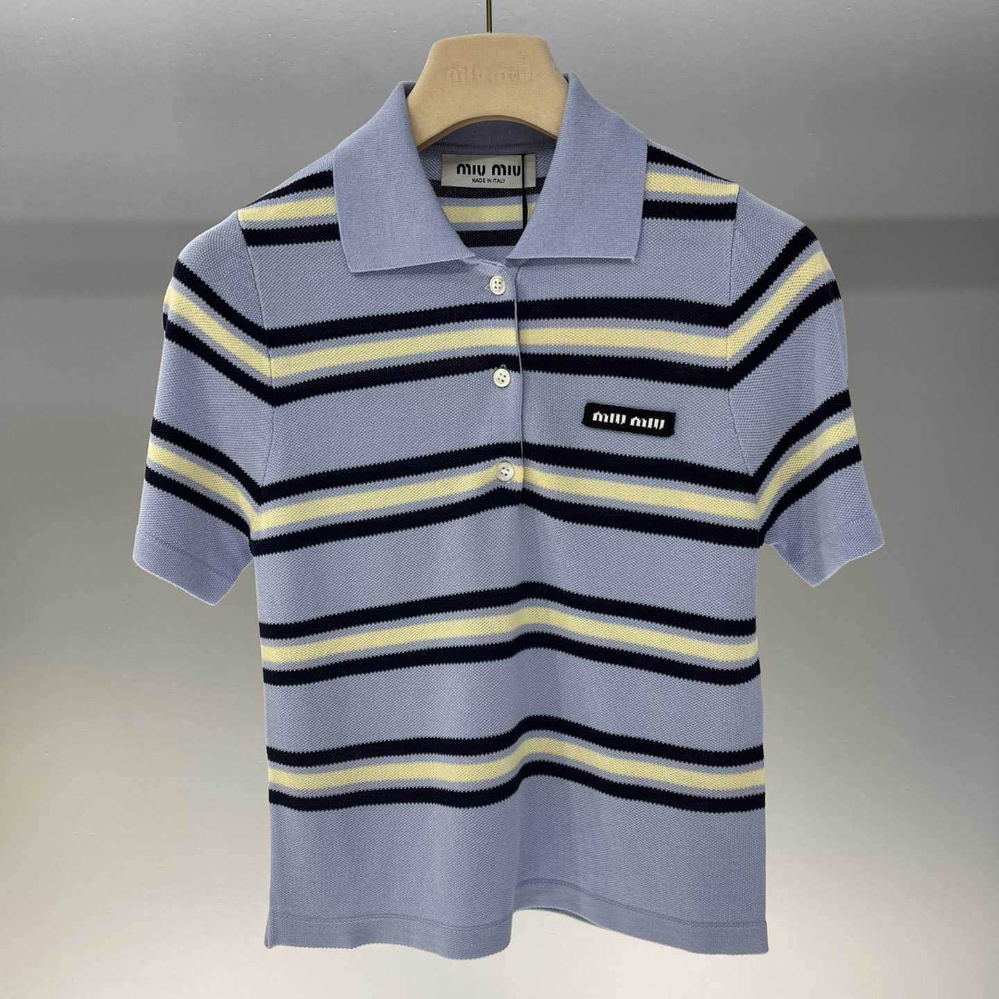 Miu Miu Striped Knitted Cotton Polo Shirt - DesignerGu