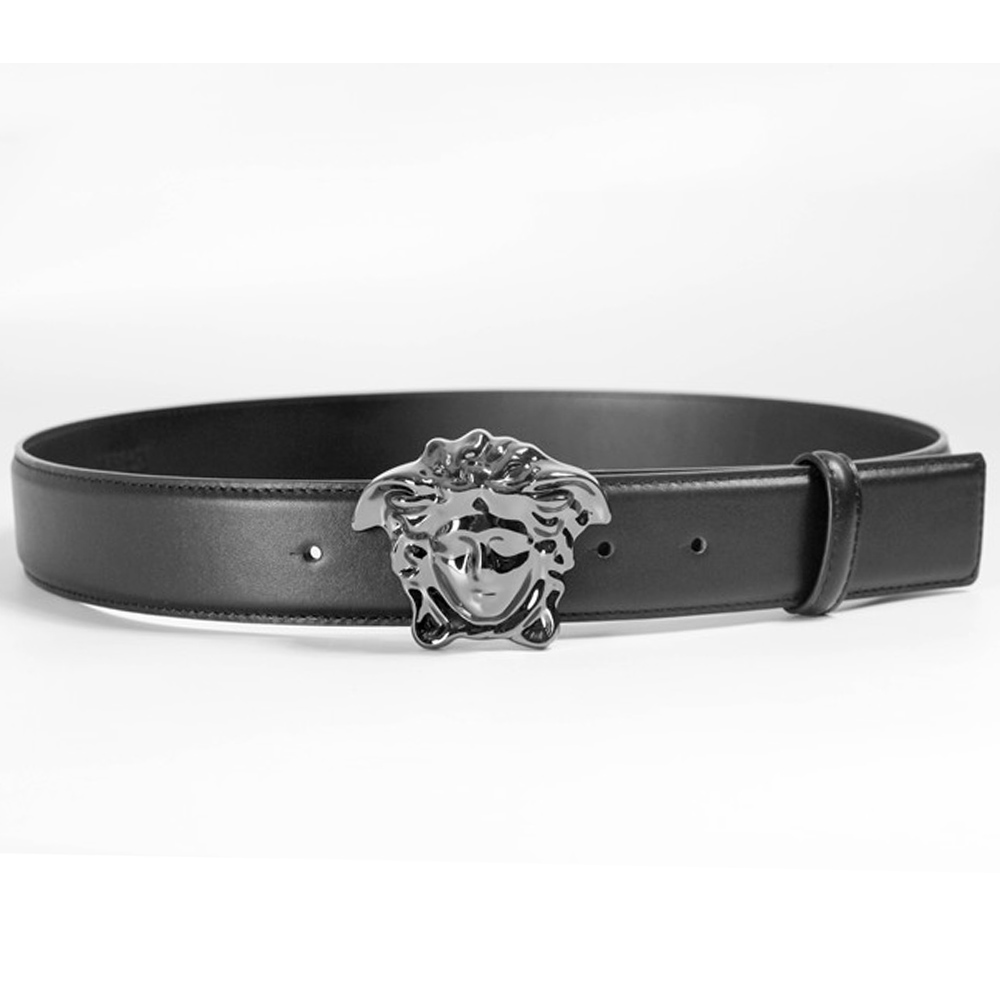 Versace Black Leather Versace Medusa Mens Belt Head Buckle - DesignerGu