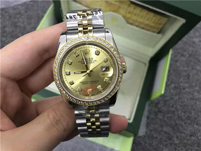 Rolex High Quality Datejust Stainless Steel and Jubille Bracelet Champagne Diamond Dial Full Diamond Bezel Watch - DesignerGu