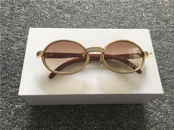 Cartier 7550178 55-22 Full Diamond Wood Sunglasses In Gold Brown - DesignerGu