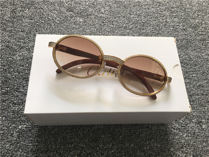 Cartier 7550178 55-22 Full Diamond Wood Sunglasses In Gold Brown - DesignerGu