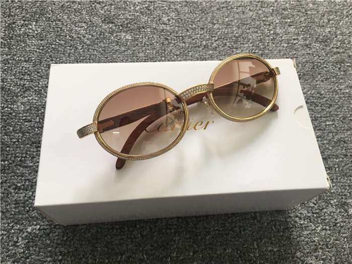 Cartier 7550178 55-22 Full Diamond Wood Sunglasses In Gold Brown - DesignerGu