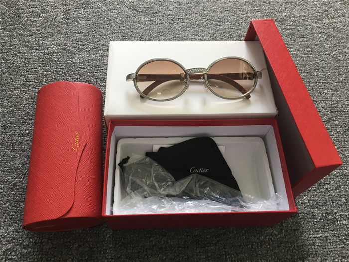 Cartier 7550178 57-22 Full Diamond Wood Sunglasses In Silver Brown - DesignerGu