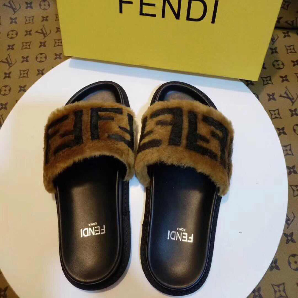 Fendi Brown Leather And Sheepskin Slides - DesignerGu