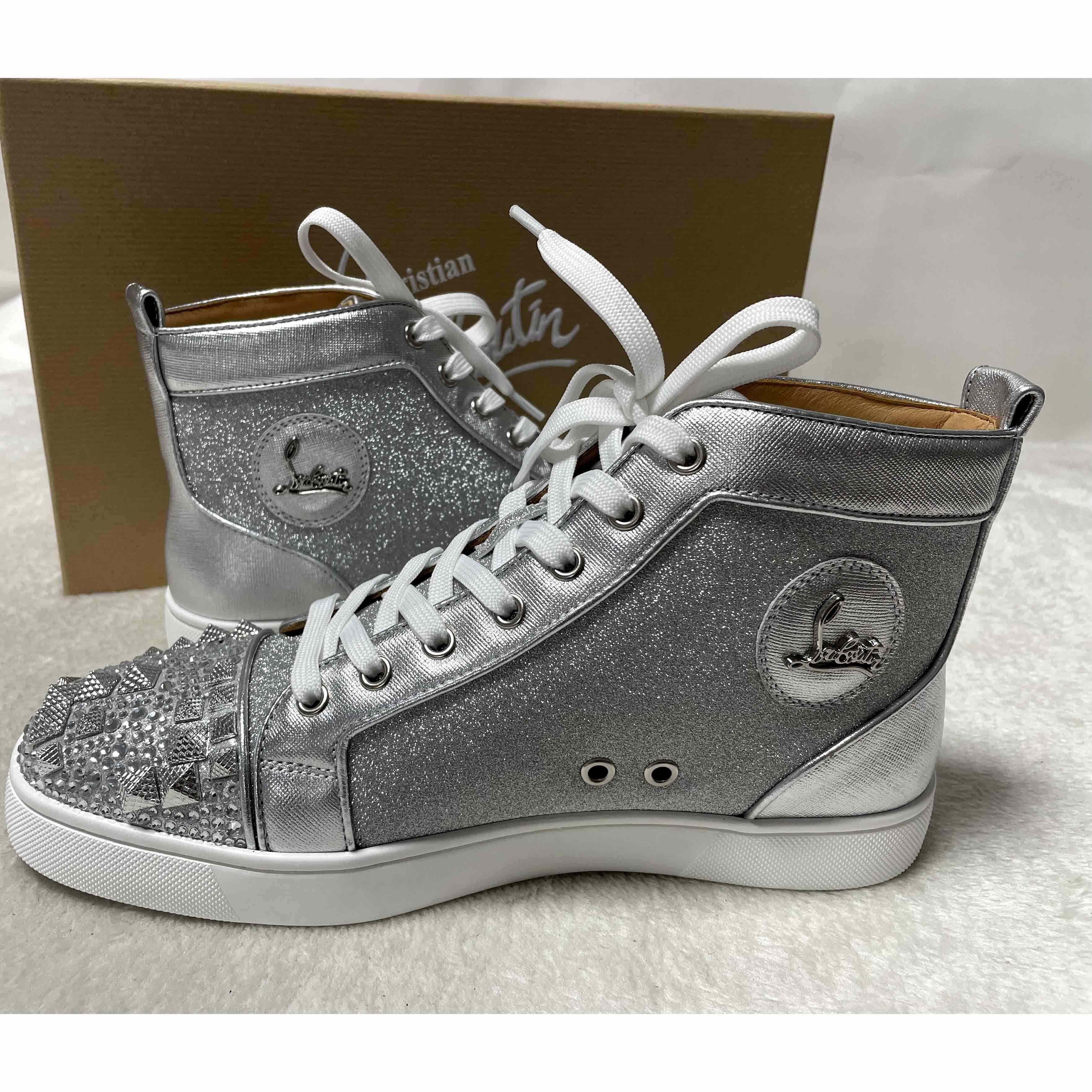 Christian Louboutin Men's Studded Metallic Leather High-Top Sneakers - DesignerGu