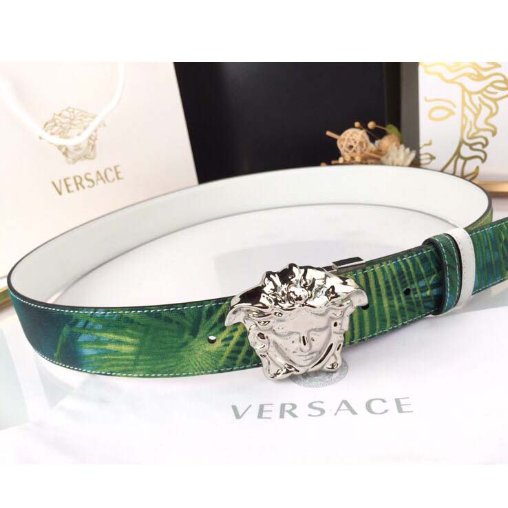 Versace Head Leather Green Belt With Silver Buckle - DesignerGu