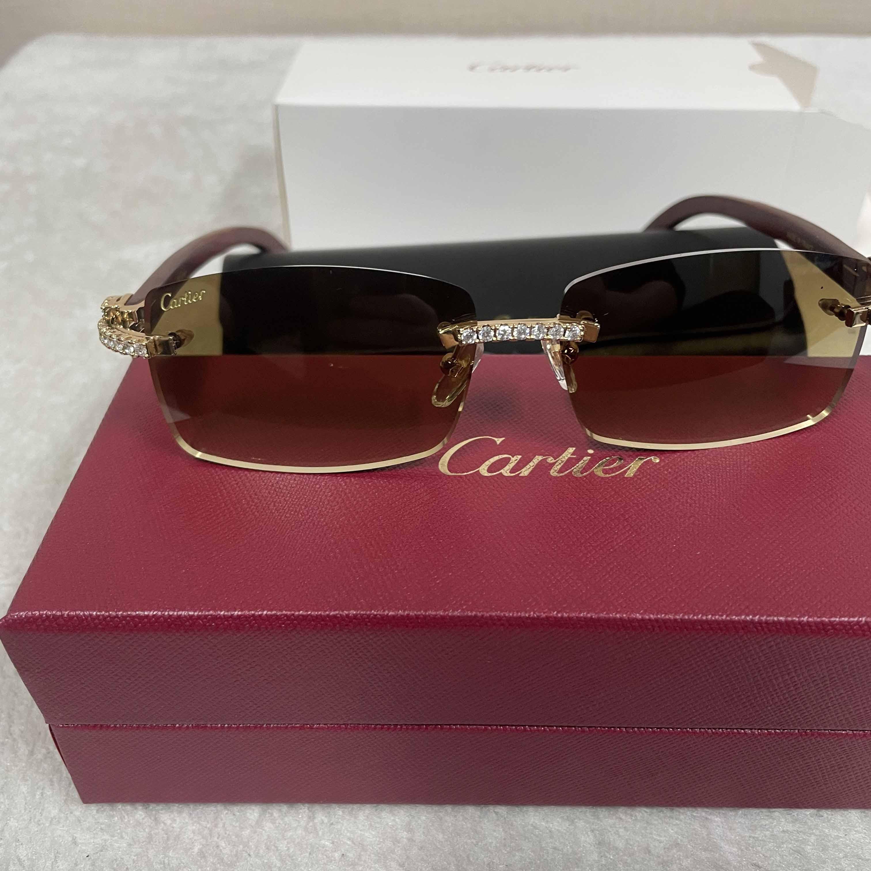 Cartier 3524012 Diamond Wood Sunglasses In Gold - DesignerGu