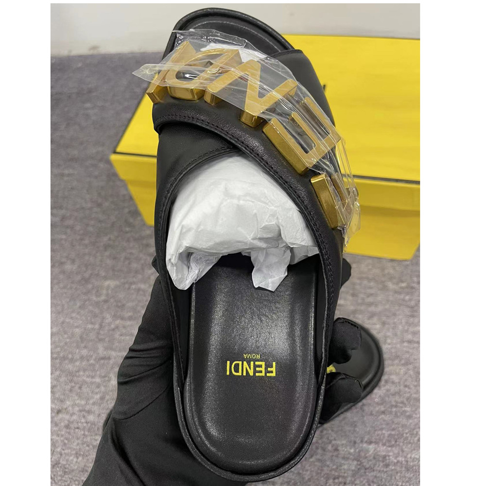 Fendi Graphy Black Leather Slides - DesignerGu