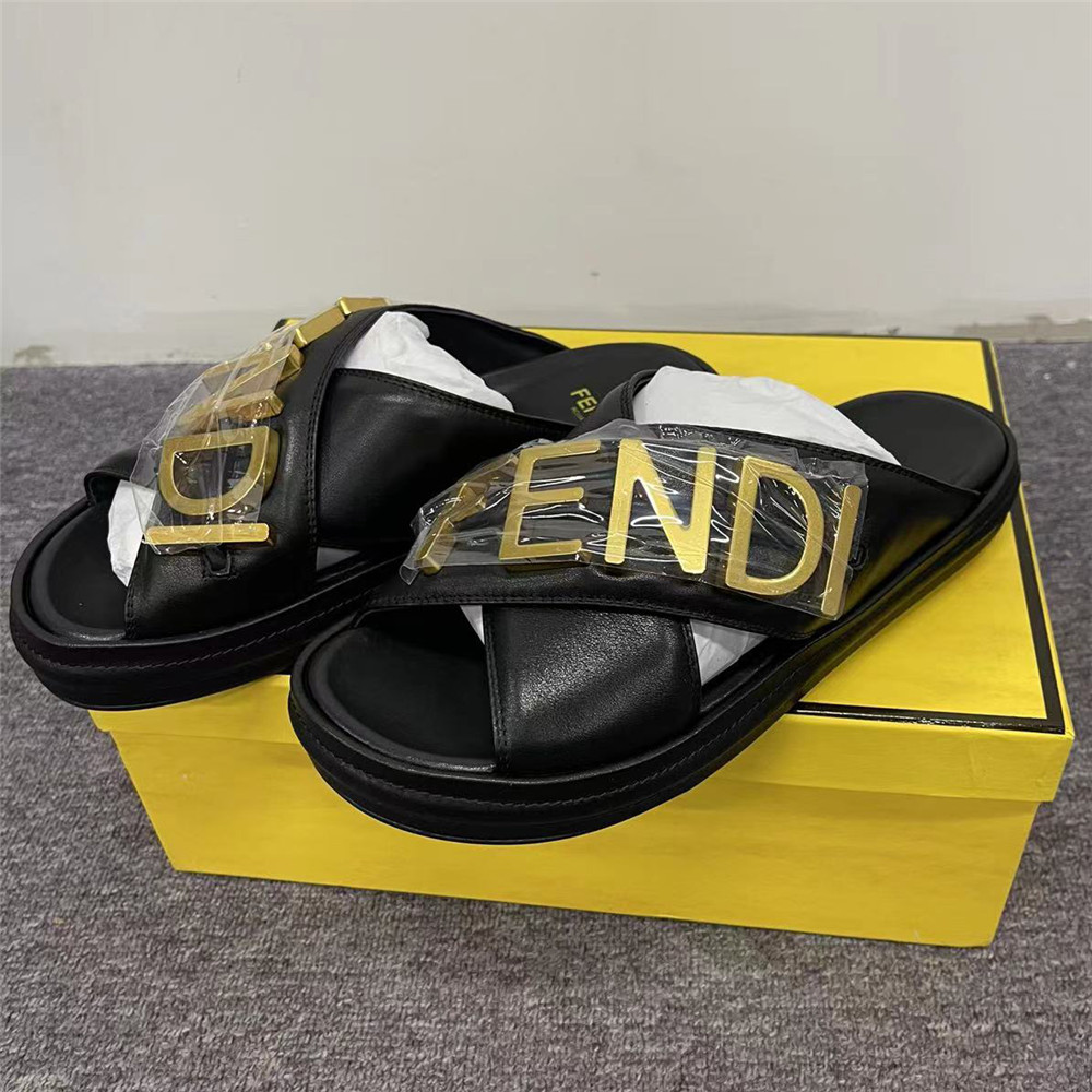 Fendi Graphy Black Leather Slides - DesignerGu